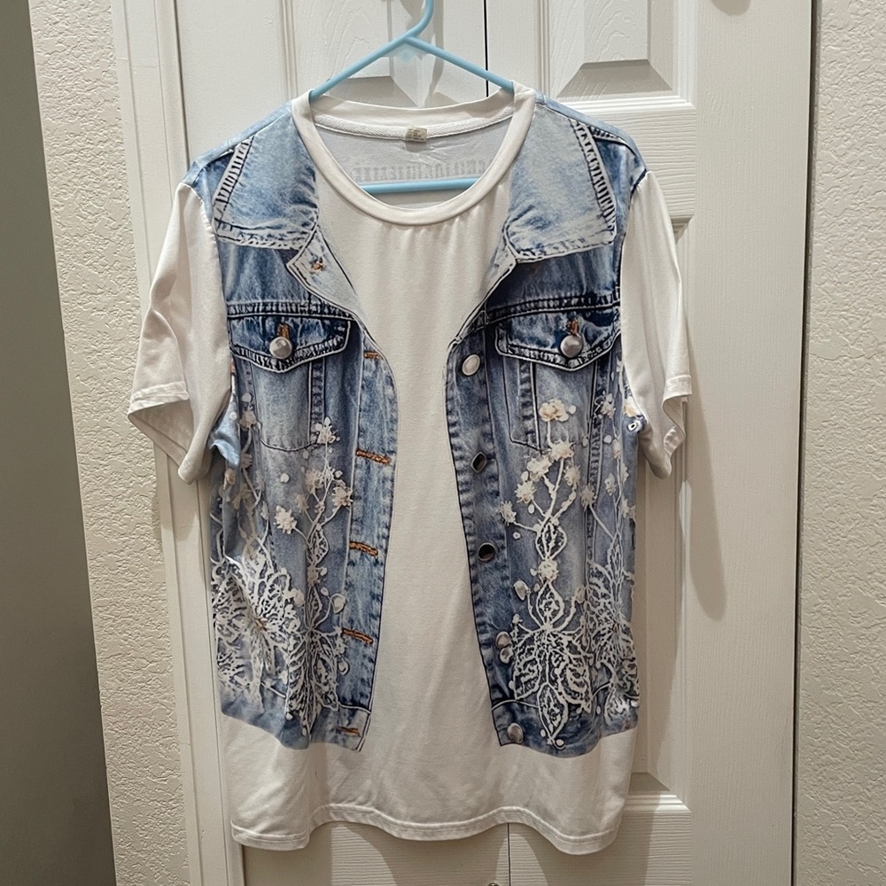 White T-Shirt with Blue Denim Vest Print 2D